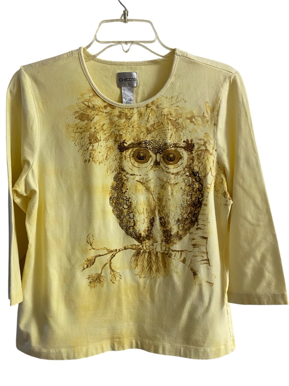 Chico's Vintage Sequin Owl Tee Butter Yellow Large